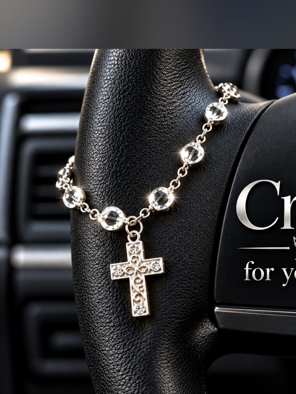 Silver Cross Crystal Car Hanging Decoration Steering Wheel Gear Shift Accessory